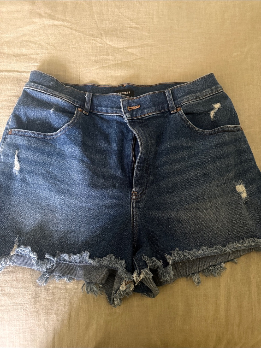 Express Distressed Frayed Hem Denim Shorts in Blue